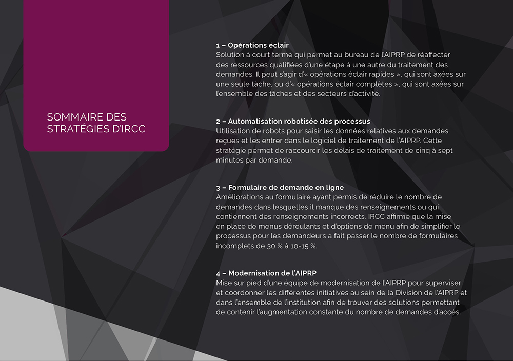 Infographie démontrant les sommaire des stratégies d’IRCC